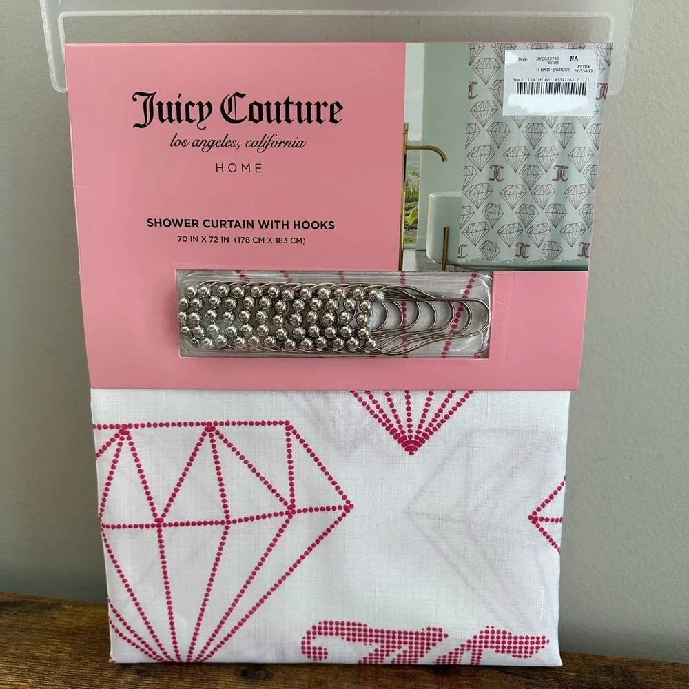 New Juicy Couture White Pink Diamonds JC Fabric Shower Curtain Hooks Set 70x72